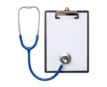 Simplistic healthcare imagery featuring essential tools for medical notetaking and diagnostics on transparent background
