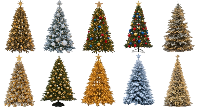Assortment of decorated christmas trees in various styles, sizes, and colors, isolated on transparent background