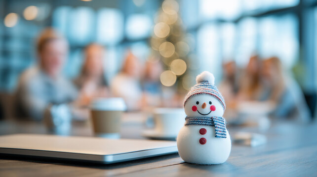 Festive office party. Snowman on table during new year celebration. - Powered by Adobe
