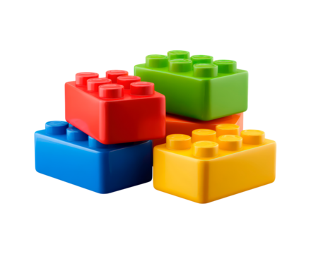 Colorful interlocking plastic pieces, Multicolored plastic building units with smooth surfaces on transparent background
