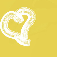 An abstract, hand-drawn white heart with expressive brush strokes is set against a vibrant, minimal yellow background, symbolizing joy and love