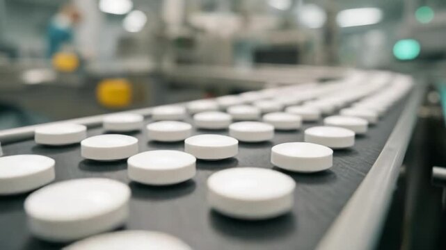 White tablets on a conveyor belt in a pharmaceutical manufacturing facility.