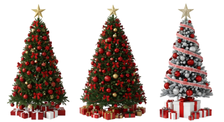 Three decorated christmas trees with presents underneath, isolated on transparent background