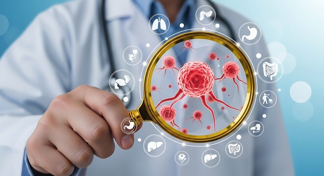 A medical professional examining cancer cells through a magnifying glass with organ icons illustrating health concepts