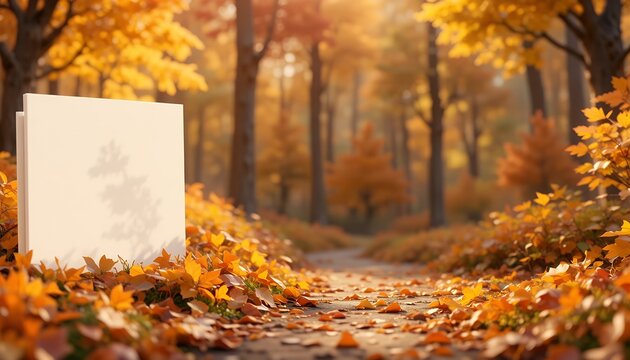 sunlit autumn forest pathway covered with golden leaves showcasing peaceful seasonal nature ambiance