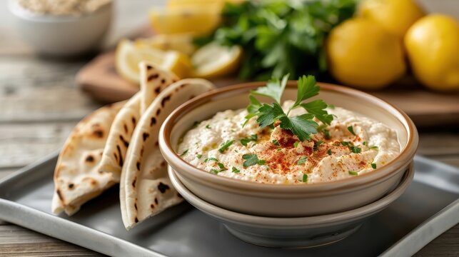 A photorealistic image of baba ghanoush dip with warm pita bread.