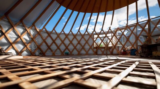 Interior of a traditional yurt under construction, with wooden lattice wall frames laid on the floor.