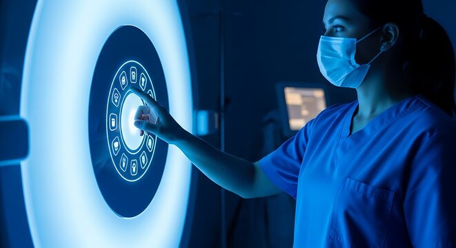 A medical professional interacts with a futuristic interface in a modern healthcare setting with touchscreen technology - Powered by Adobe