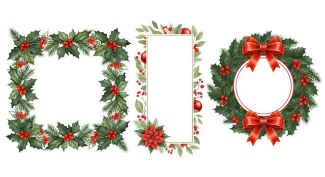 Collection of christmas frames and wreaths with holly, pine, berries, and red bows, isolated on transparent background