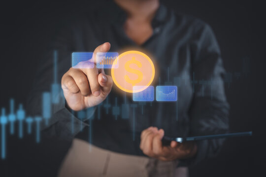 Finger tapping holographic dollar with mini charts for fintech trading analytics and mobile investment decision on digital dashboard