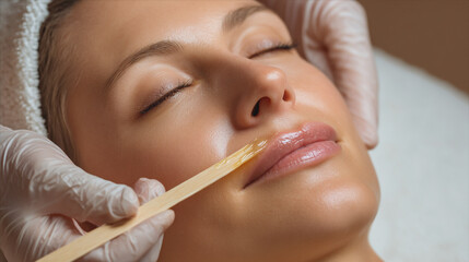 Woman receiving upper lip wax treatment with gloved hands applying wax stick