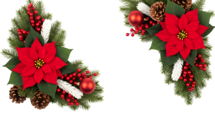 Christmas corner decoration with red poinsettia flower, pine cone, green fir branch, red berry and bauble isolated on transparent background