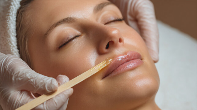Woman receiving upper lip wax treatment with gloved hands applying wax stick