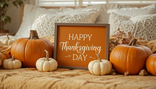 Cozy autumn arrangement with pumpkins and a cheerful thanksgiving day greeting in warm tones