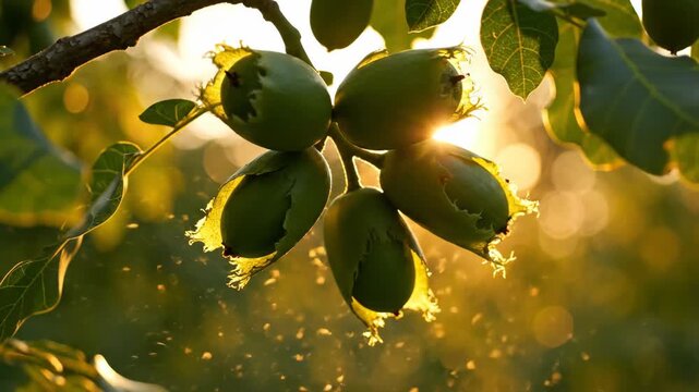 Green unripe nuts hang on a tree branch illuminated by golden sunlight filtering through foliage