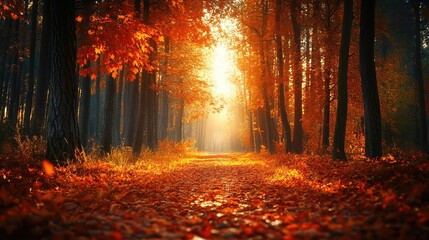 Sunlit autumn forest path with vibrant orange and red leaves creating a warm inviting landscape with rich textures and glowing light