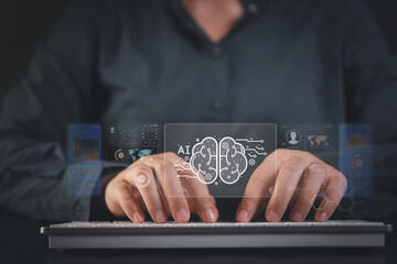 Hands typing on keyboard with holographic AI brain and dashboards for data analytics machine learning workflow and smart decision making