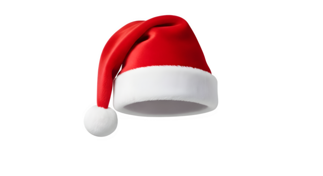 Classic red and white santa hat with fluffy pom pom isolated on transparent background