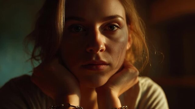 A person with short hair rests their chin on their hands, wearing metal chain bracelets on both wrists in a moody, low-light setting.