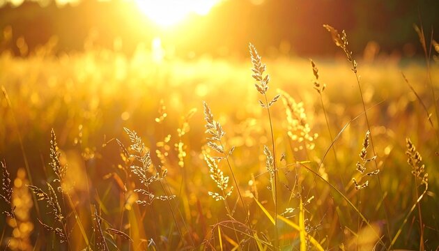 Golden sunlight shining through wild grass meadow showing calm natural glow