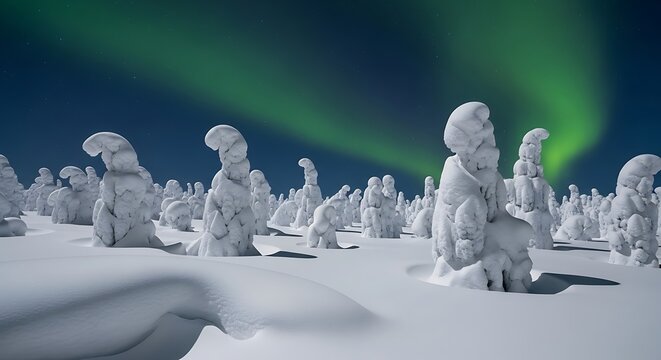 A mesmerizing winter landscape featuring snowy trees under a vibrant display of the aurora borealis in a serene arctic scene.