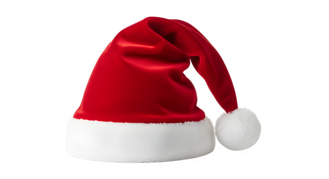 Classic red santa hat with white trim and pom pom isolated on transparent background