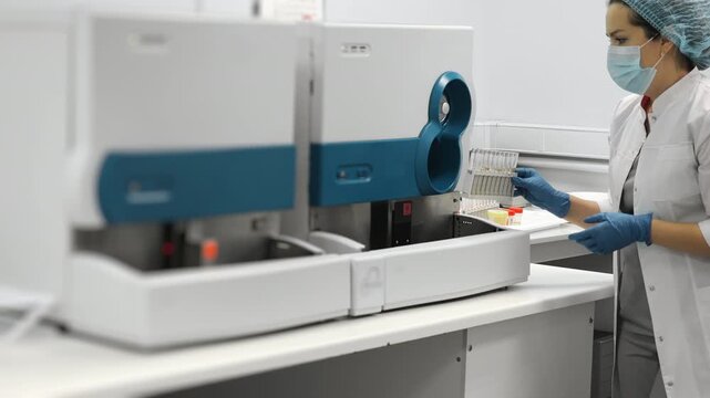 Medical lab technician loading urine samples into modern automatic urine analyzer for clinical diagnostics and laboratory testing in a medical laboratory environment.