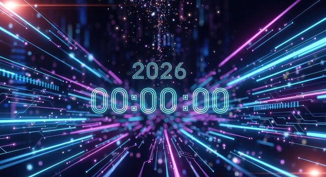 Countdown to 2026 with vibrant futuristic neon lights and digital streams for new year celebrations, technology innovations, and digital transformation campaigns