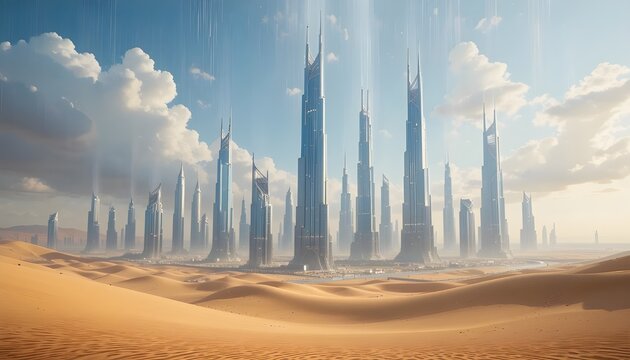 Dubai Desert Oasis 2088 &mdash; futuristic luxury city with crystal skyscrapers rising from golden sands under artificial rain clouds.

