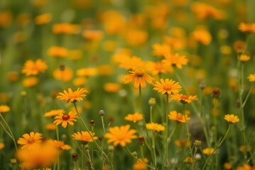 Soft Focus Field of Orange and Yellow Wildflowers, Minimalist Blurred Texture