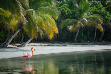 bright pink flamingo wading in shallow coastal lagoon near palm-covered beach