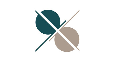 Abstract geometric design with two intersecting circles and diagonal lines in teal and beige.