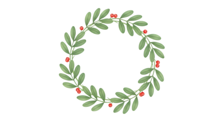 Watercolor wreath of green leaves and red berries, isolated on transparent background