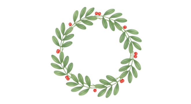 Watercolor wreath of green leaves and red berries, isolated on transparent background
