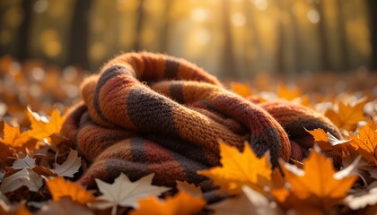 cozy knitted scarf lying on the forest floor surrounded by vibrant autumn leaves in soft warm light