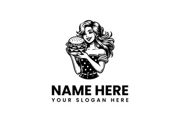 Retro Burger Girl Holding a Delicious Hamburger - Logo Design for Fast Food Restaurants