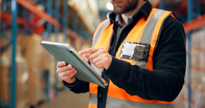 Man, hands and inventory with tablet for storage checklist, maintenance or stock control in depot. Male person, supplier or distributor with technology for logistics, distribution or supply chain