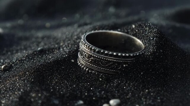 A silver ornate ring rests on dark sand, its intricate patterns catching the light.