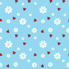 Light blue seamless pattern with red ladybugs and white daisies in cheerful spring garden theme