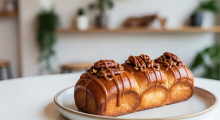Artisan Caramel Pecan Pull-Apart Loaf Drizzled with Toffee Glaze, Placed on a Plate in a Bright, Minimalist Cafe or Bakery Interior