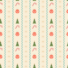 Seamless Christmas pattern with cute vertical stripes, candy, and baubles. Vector winter holiday wallpaper. Vector background for wrapping paper and textiles.