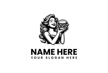 Black and White Illustration of a Woman Holding a Delicious Burger