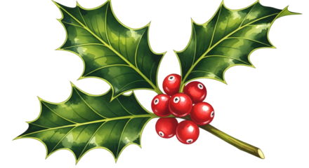 Watercolor illustration of a holly sprig with green leaves and red berries, isolated on transparent background