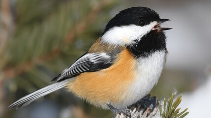 Fototapeta premium Colorful Bird Perched on Pine Tree Branch in Natural Outdoor Environment