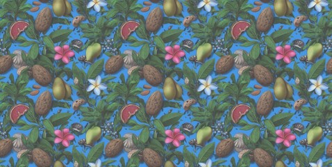 A vibrant seamless pattern featuring Bali's tropical elements: palm leaves, frangipani flowers, ocean waves, and exotic fruits.