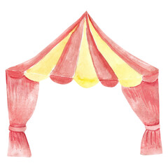 Watercolor circus tent illustration isolated. Tent with red and yellow colors can used for circus party, baby shower.