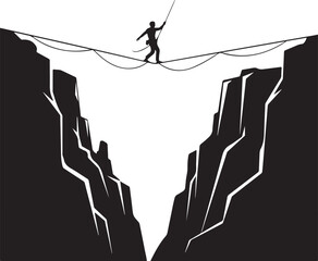 Silhouette of tightrope walker high above canyon symbolizing challenge and risk