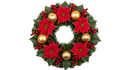 A festive christmas wreath decorated with red poinsettias, gold ornaments, pinecones, and berries, isolated on transparent background