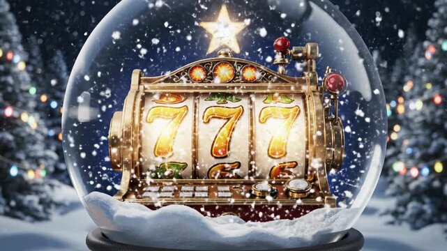 Inside a Christmas snow globe, a golden slot machine is spinning. 777 jackpot win. winter forest on a Christmas night, with the Star Bethlehem illuminating the slot machine. Christmas online games .