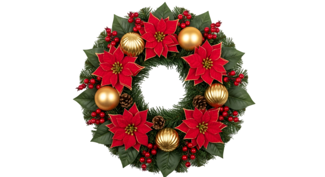 A festive christmas wreath decorated with red poinsettias, gold ornaments, pinecones, and berries, isolated on transparent background